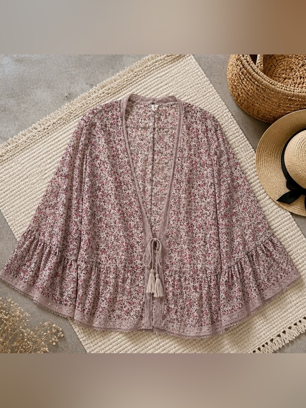 Free People Floral Boho Kimono Cardigan | Pink Tassel Tie | Bell Sleeve | Size L